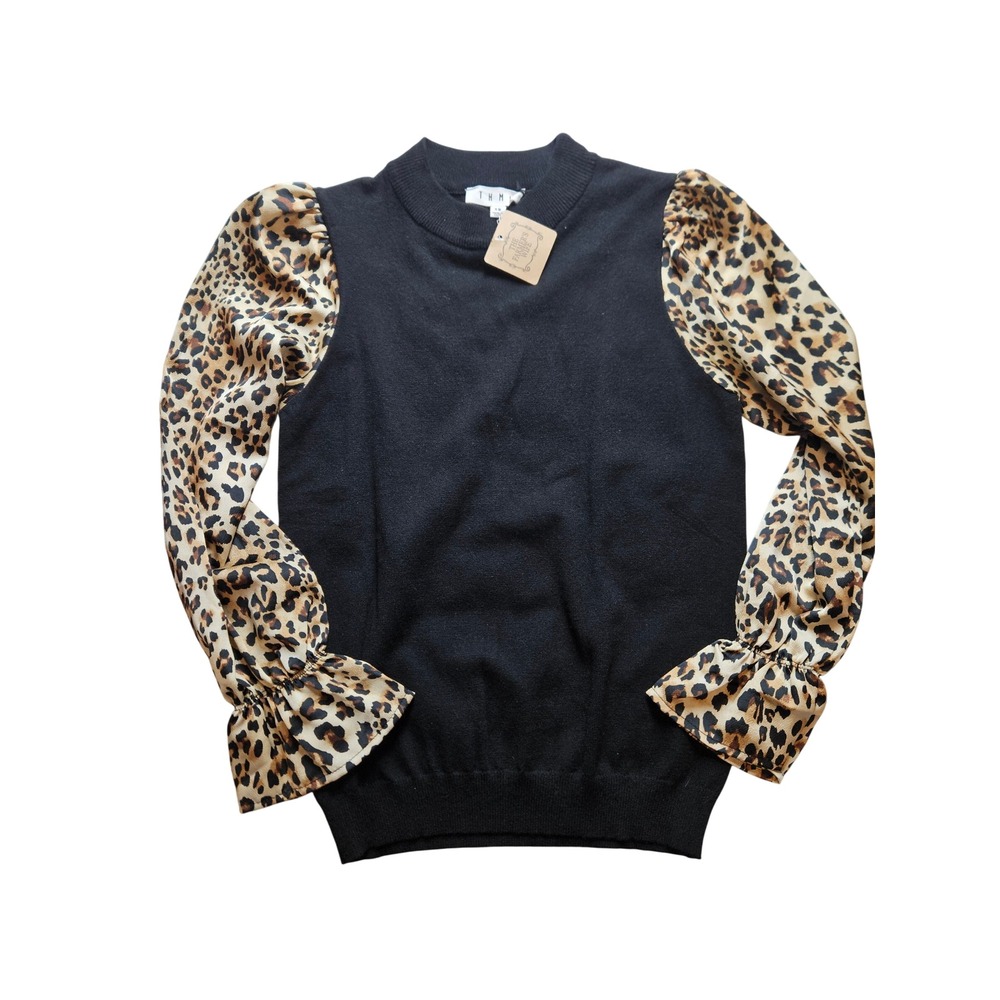 THML Black Leopard Print Mixed Media Puff Sleeve Sweater Top TMK1374-1-BK XS